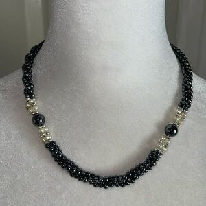 Vintage Hematite With Silvertone And Cream Beads Necklace